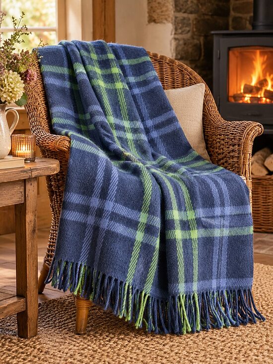 Blue checkered wool throw 140×205