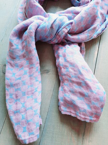 Linen scarf Soft blue with pink dots