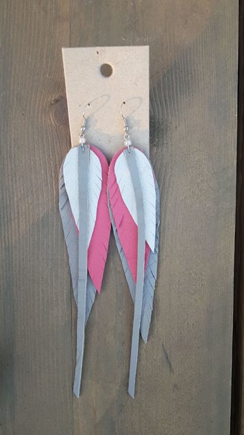 Ādas auskari Pelēks/rozā/balts