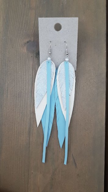 Ādas auskari Gaiši zils/sudrabs/bēšs