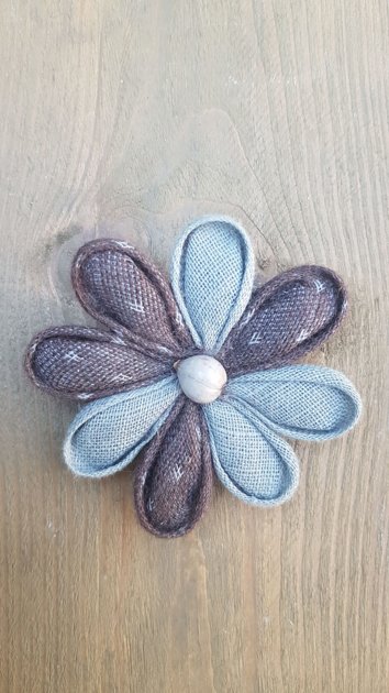 Linen brooch blueish and brown